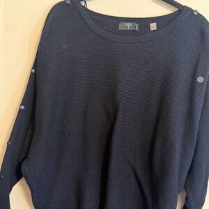 T TAHARI Midnight Blue Ribbed Knit Sweater with Upper Sleeve Decorative Buttons